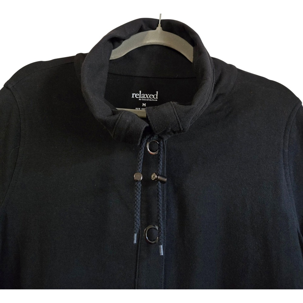 Charter Club Relaxed Black Funnel Neck Snap Front Jacket Tab Sleeve Womens M - Picture 3 of 9